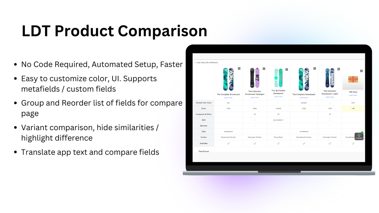 LDT Product Compare Screenshot