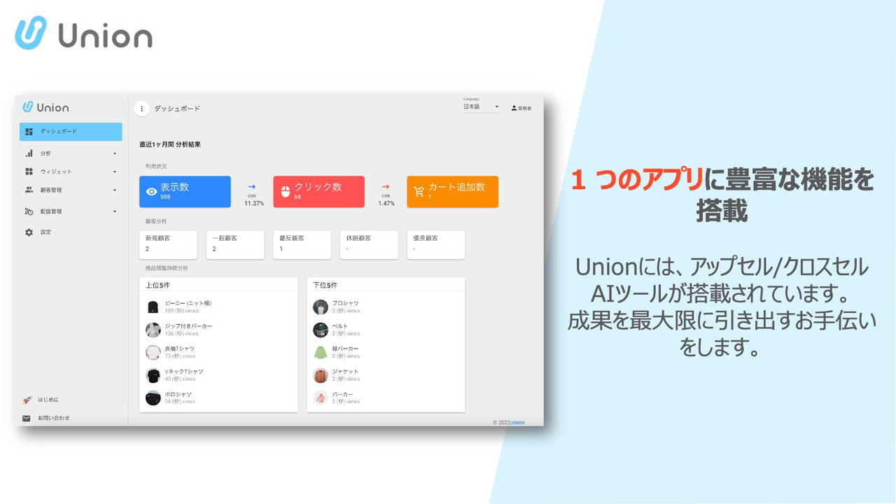 1 つのアプリに豊富な機能を搭載。Unionには、アップセル/クロスセル AIツールが搭載されています。