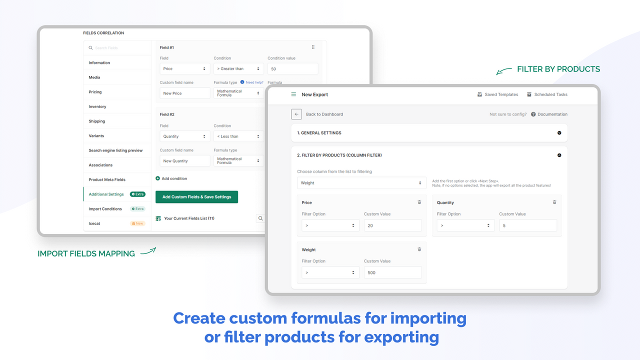 Use fórmulas personalizadas para importar o filtrar productos para exportar