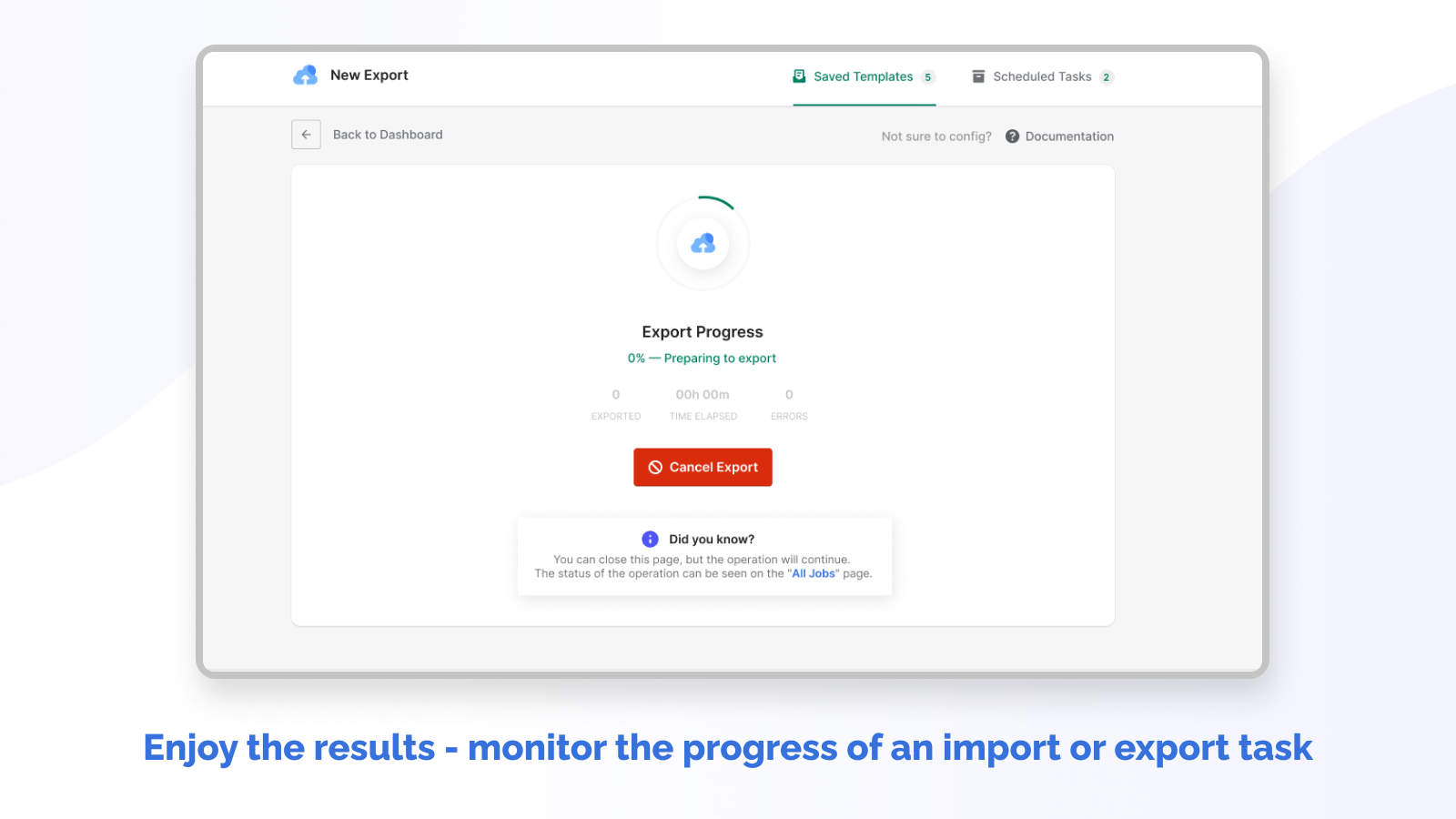 Aproveite os resultados - monitore o progresso de uma importação ou exportação 