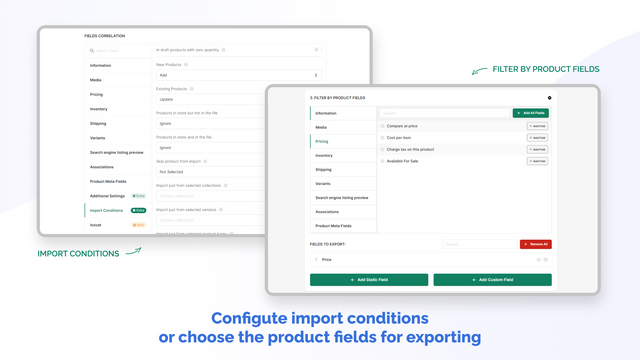 Configure condições de importação, ou escolha os campos para exportação