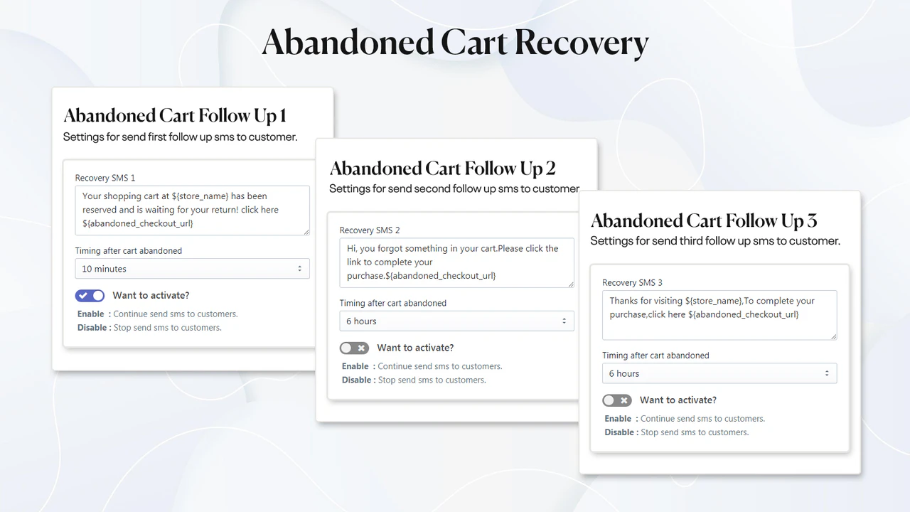 sms de récupération de panier abandonné avec plusieurs occurrences 