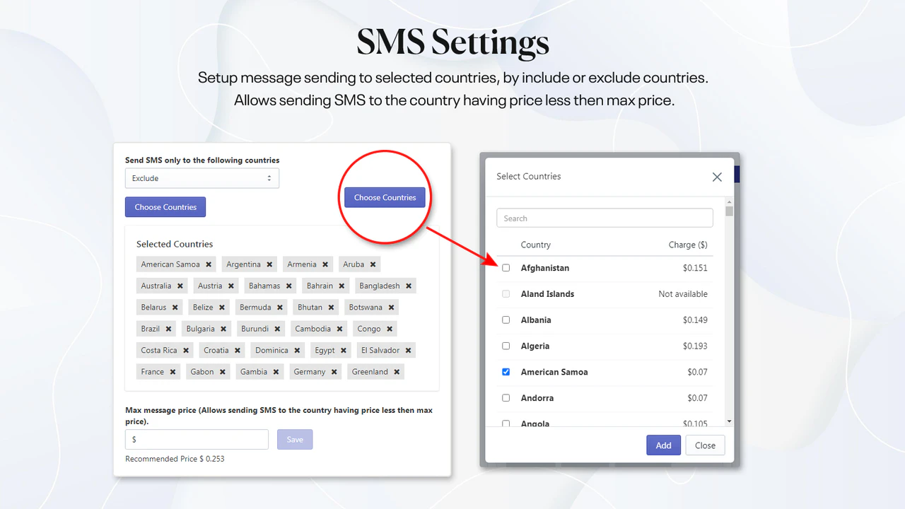 définir les préférences d'envoi de sms par pays.