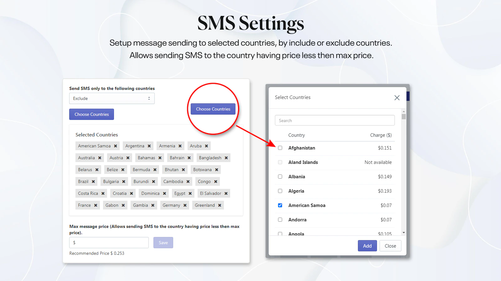 définir les préférences d'envoi de sms par pays.