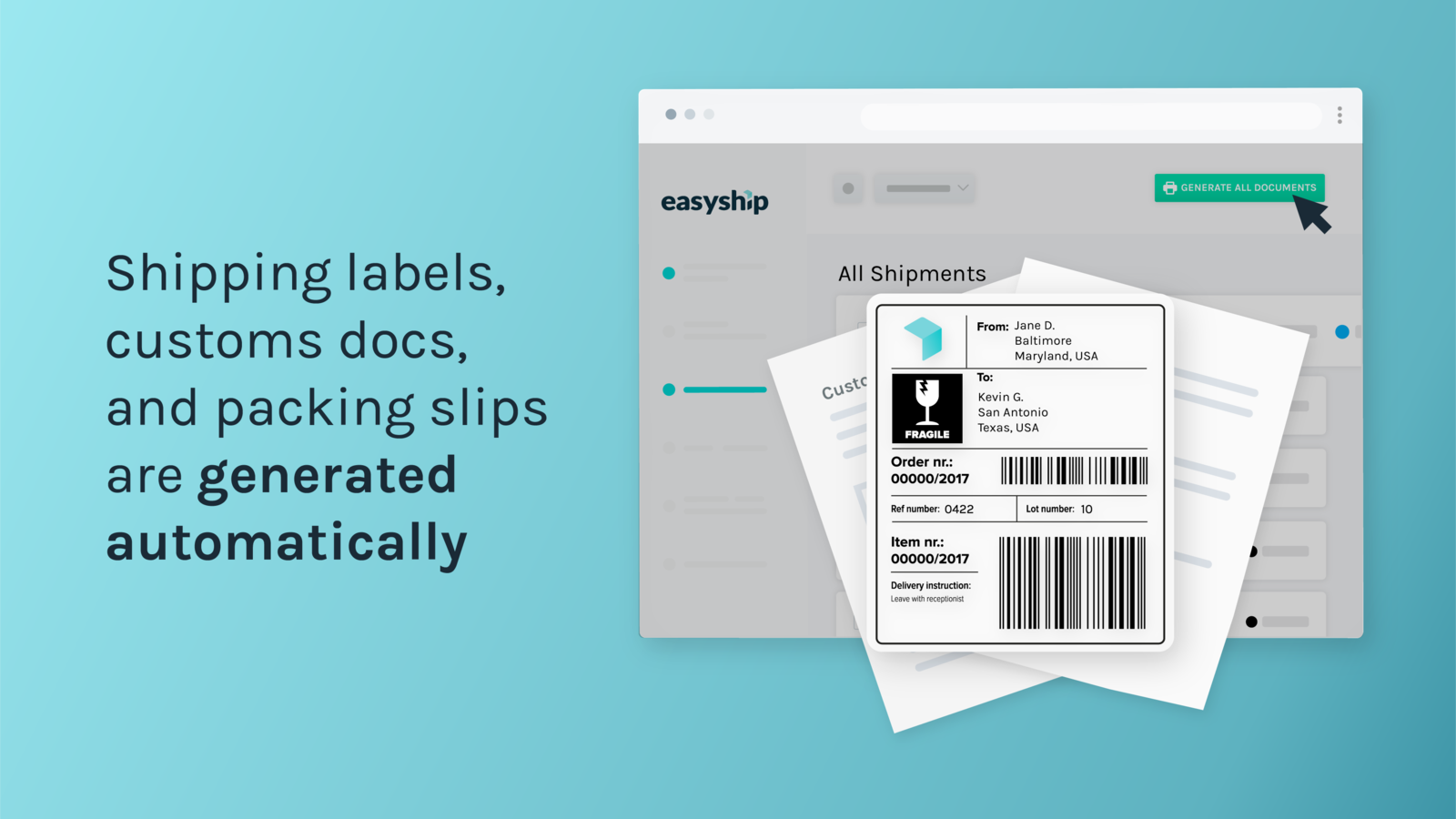 Etiquetas de envio automatizadas, documentos aduaneiros e recibos de embalagem