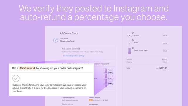 Verificamos su publicación en Instagram y reembolsamos automáticamente un % que tú eliges