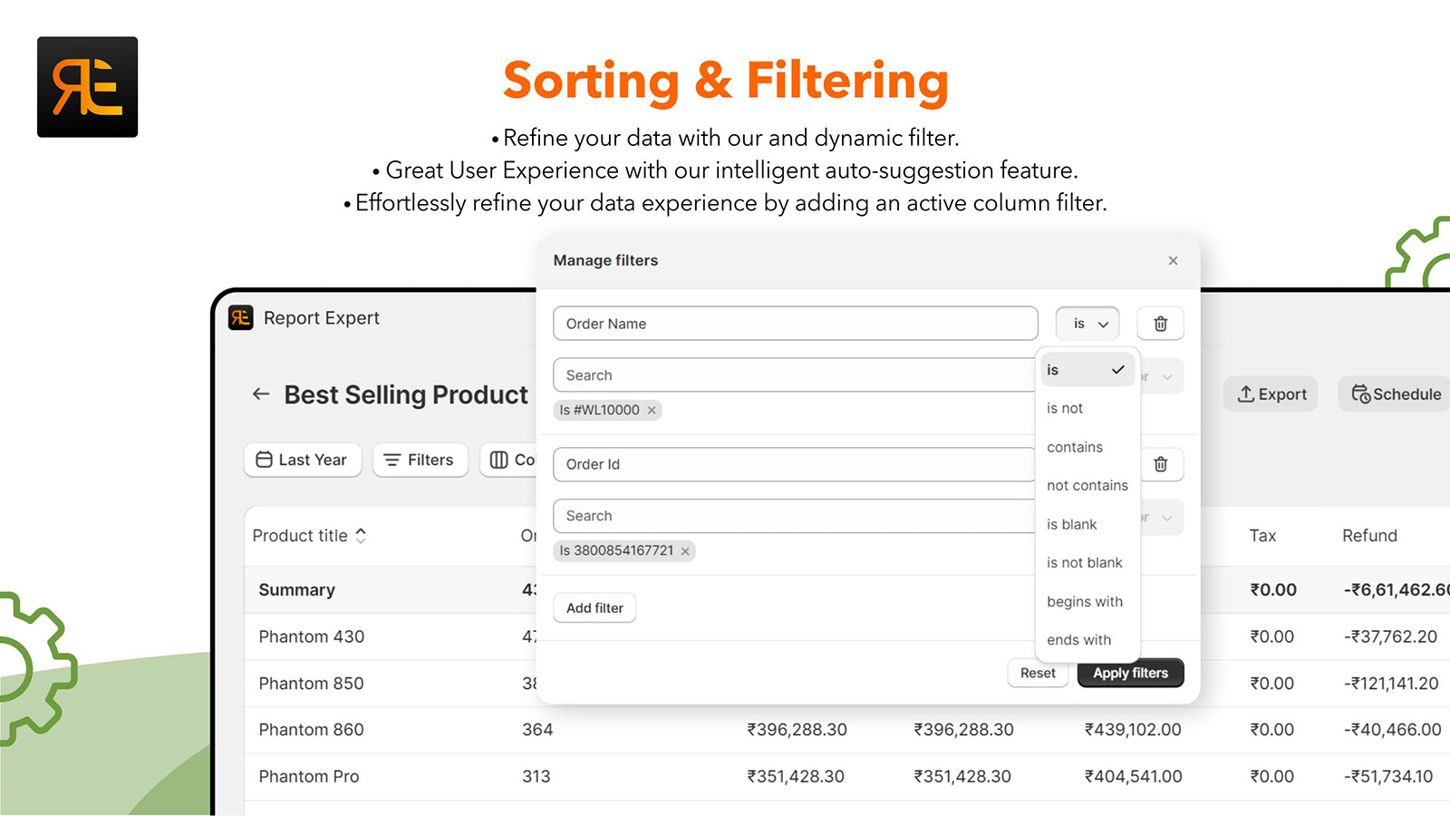 shopify report sorting filtering