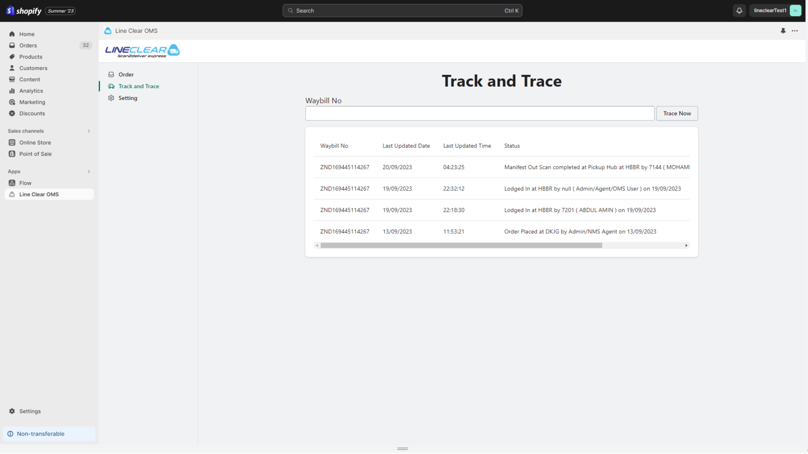 Interface para rastrear envio por número de nota de transporte