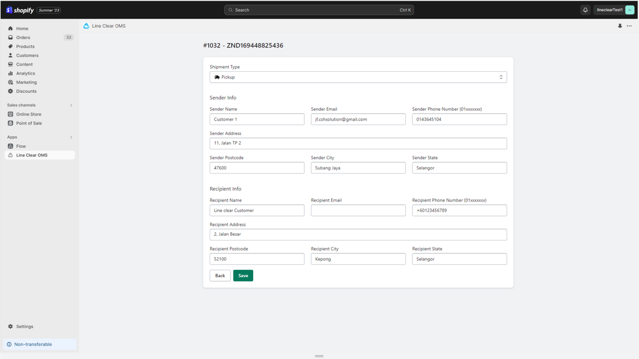 Interface voor het bijwerken van details van aangemaakte zending