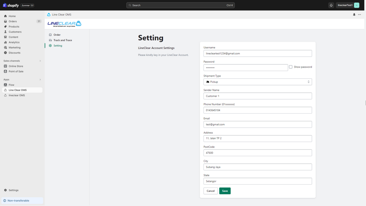 Interface for set sender's Line Clear account and store details