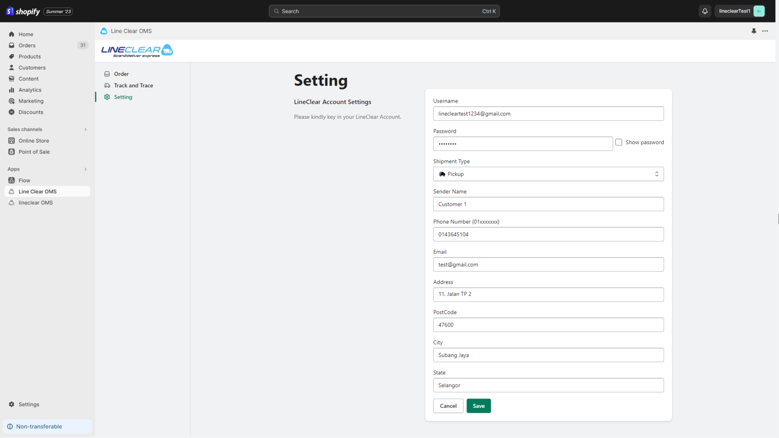 Interface para definir conta do remetente Line Clear e detalhes da loja