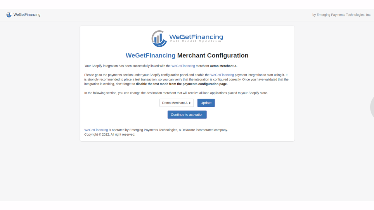 WeGetFinancing configuration panel