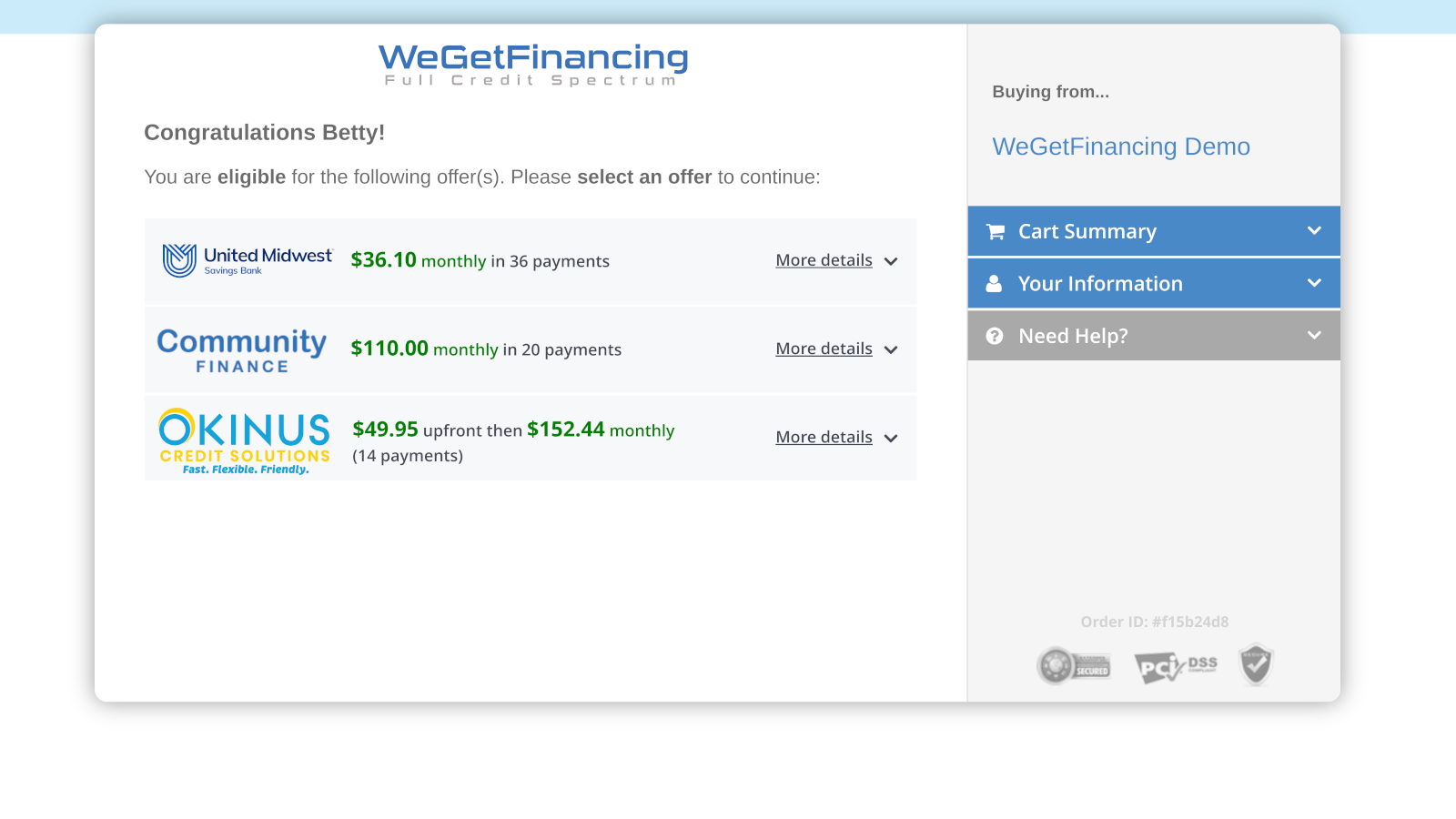 Vitrina de ofertas de préstamos ofrecidas por WeGetFinancing