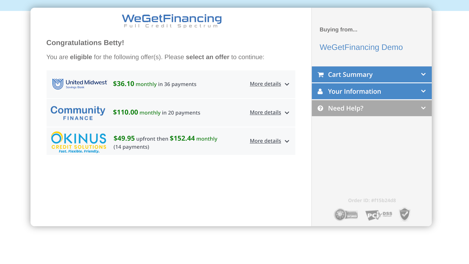 Vitrine des offres de prêt proposées par WeGetFinancing