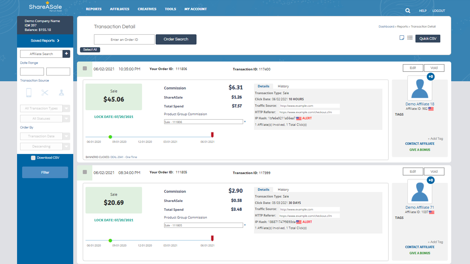 ShareASale-detalhes do relatório de transação