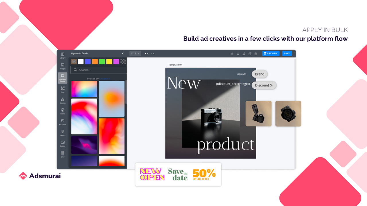 Build ad creatives in a few clicks with our platform flow