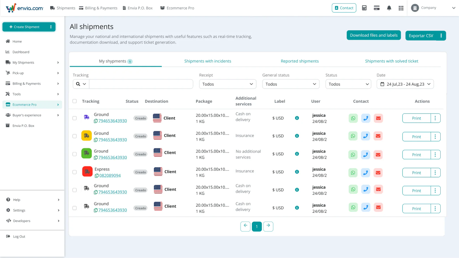 Frakthistorik - Envia Shipping and Fulfillment