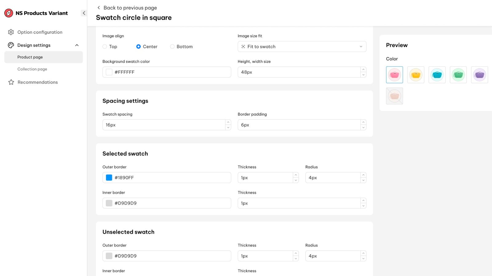 Tableau de bord de l'application Product Options & Variables