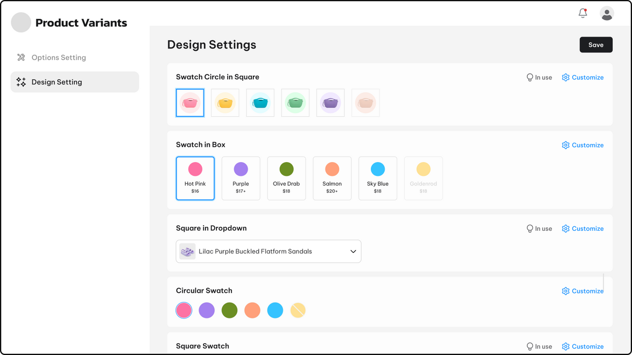 Produktmuligheder & Variabler app dashboard