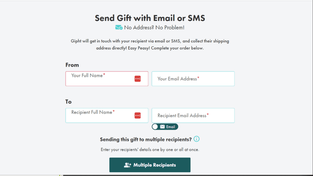 Fill out relevant info to send the gift via email/SMS