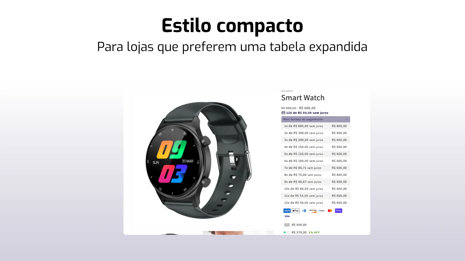 Demonstração do estilo compacto da tabela de parcelamento