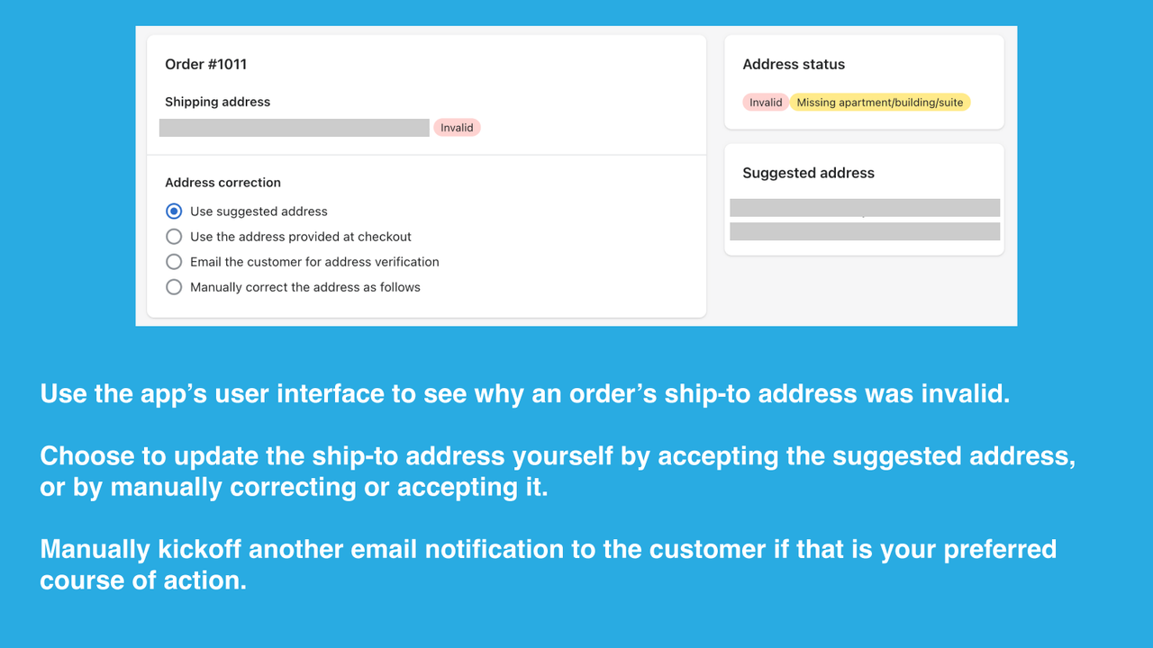 Interface utilisateur de substitution du commerçant de validation des adresses