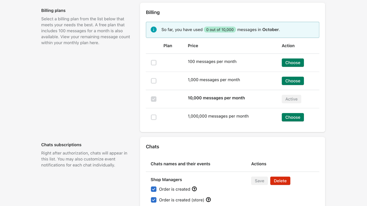 Billing plans selection screen