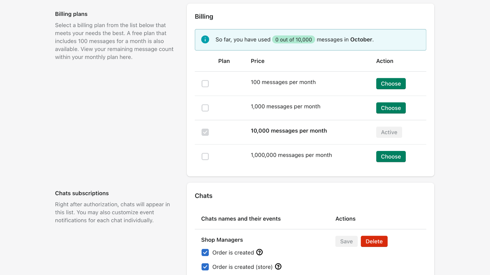 Billing plans selection screen