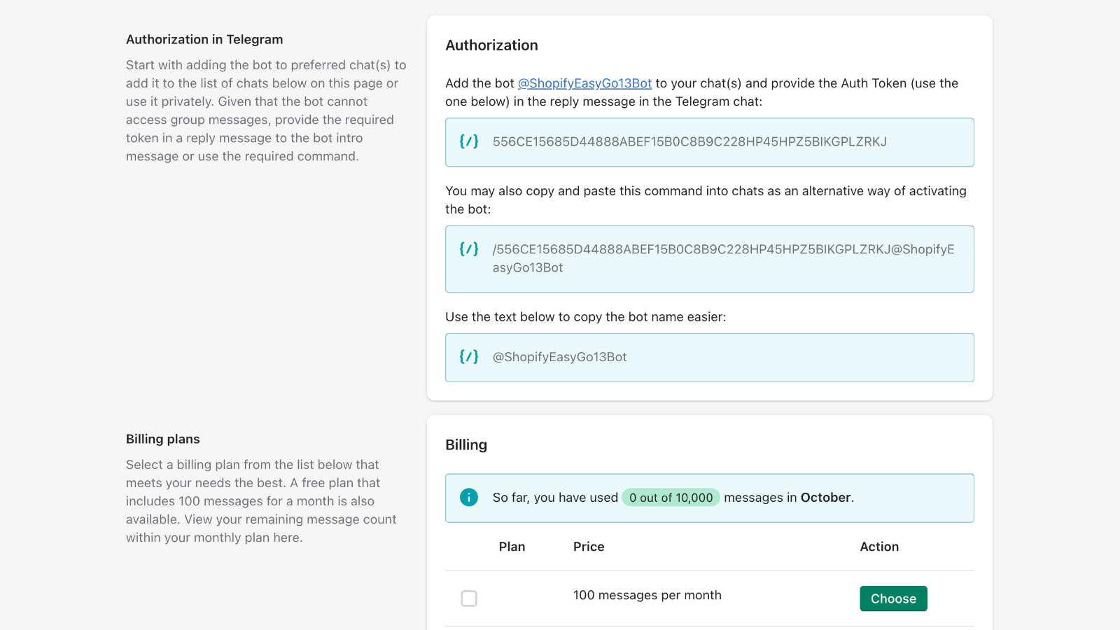 Autorisation du bot Telegram dans l'application