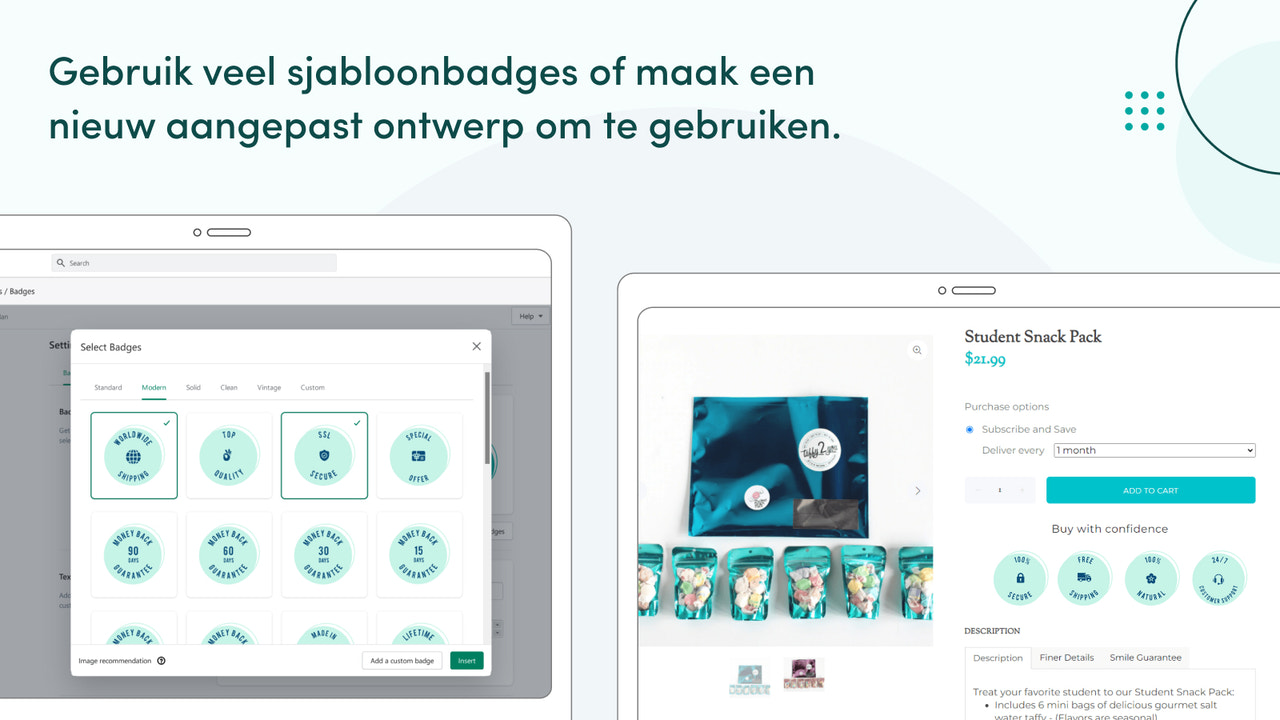 Gebruik vele badge sjablonen of maak een nieuw eigen ontwerp.