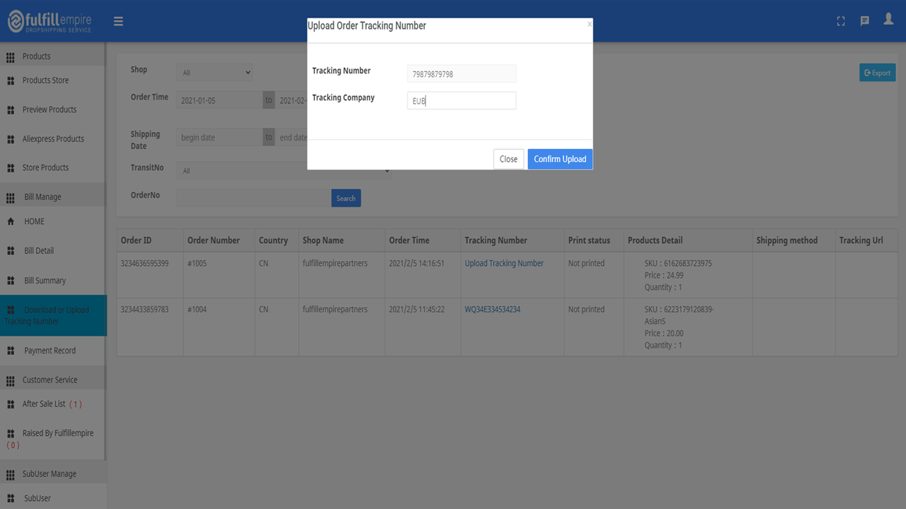 Support to upload tracking number for order