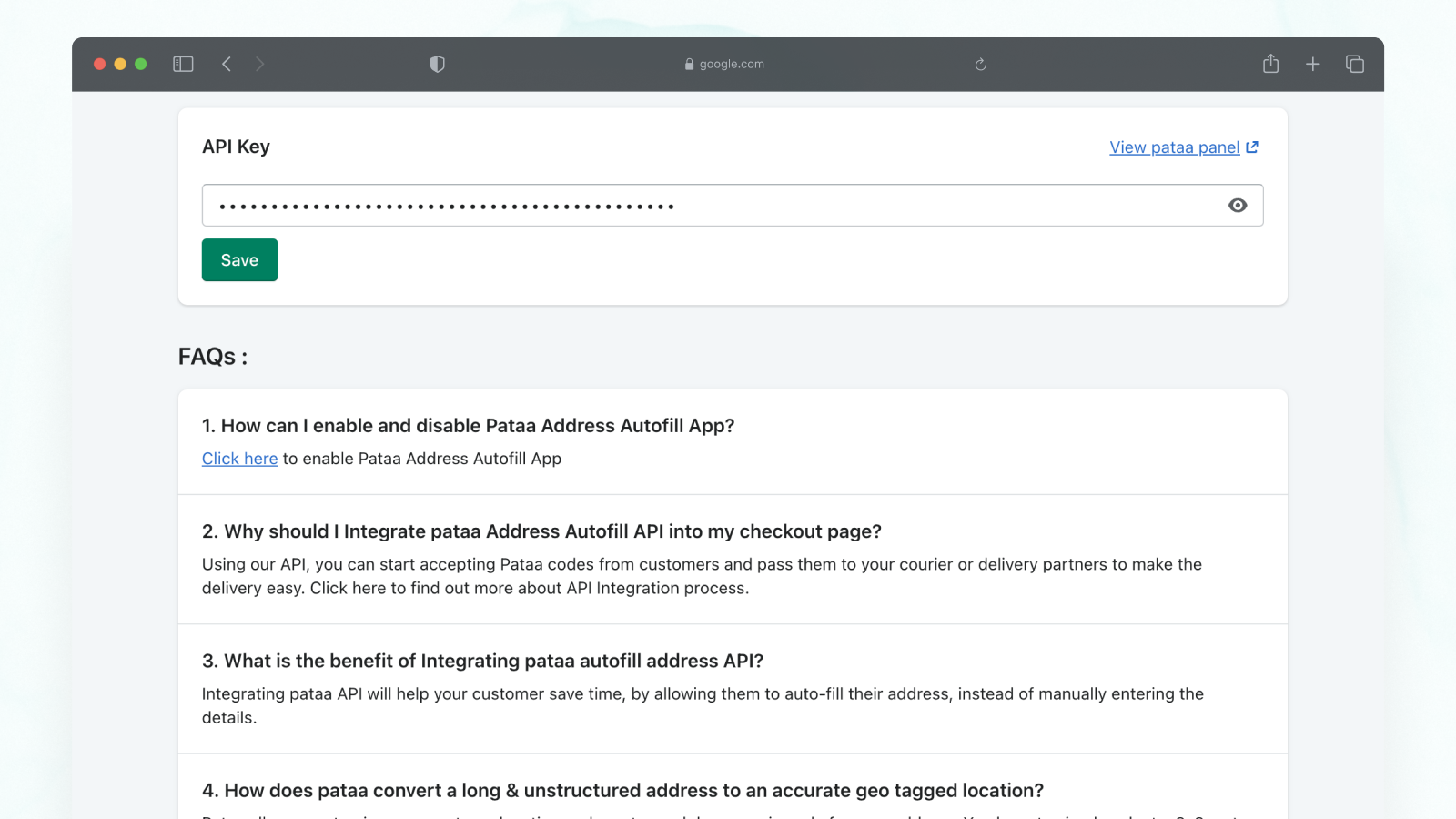 Just enter your API key to activate Pataa address autofill