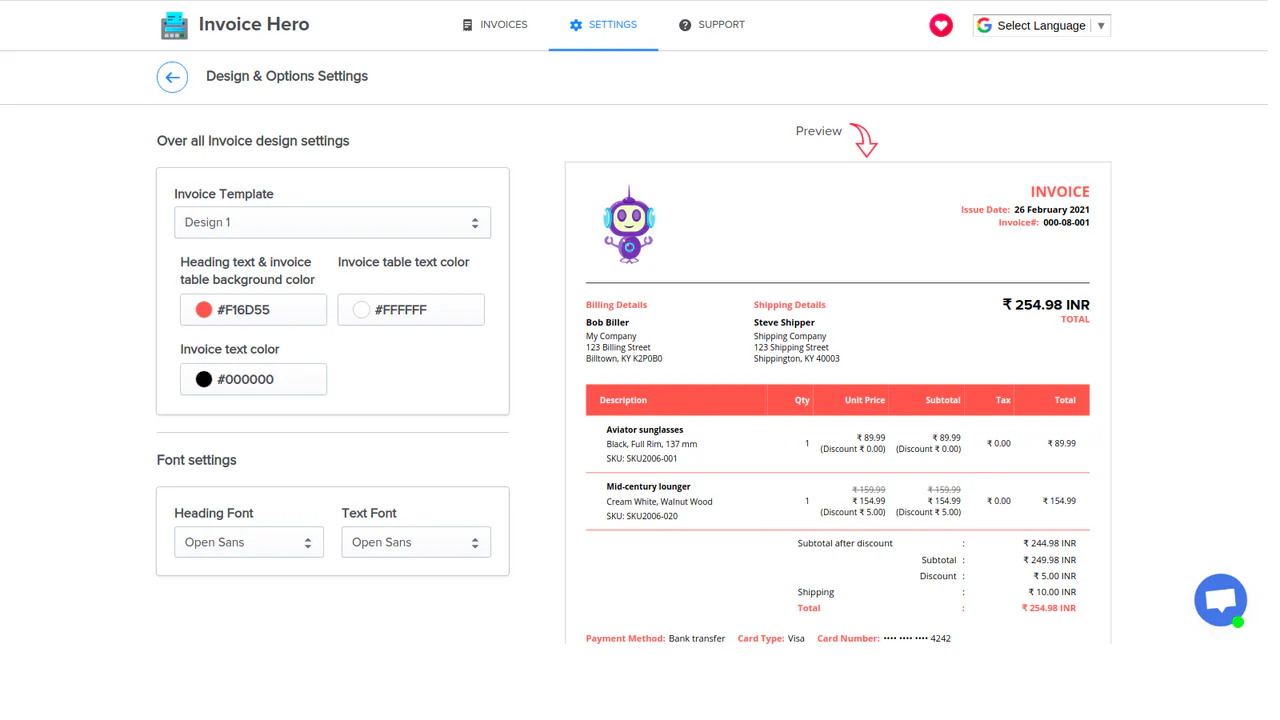 Invoice Hero PDF Design Indstillinger Side