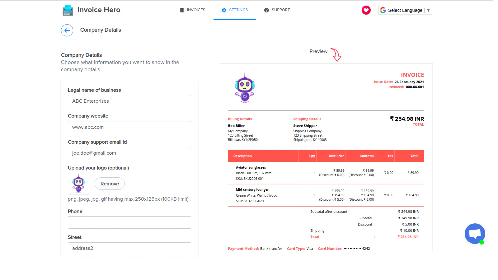 Invoice Hero PDF Firma Indstillinger-side