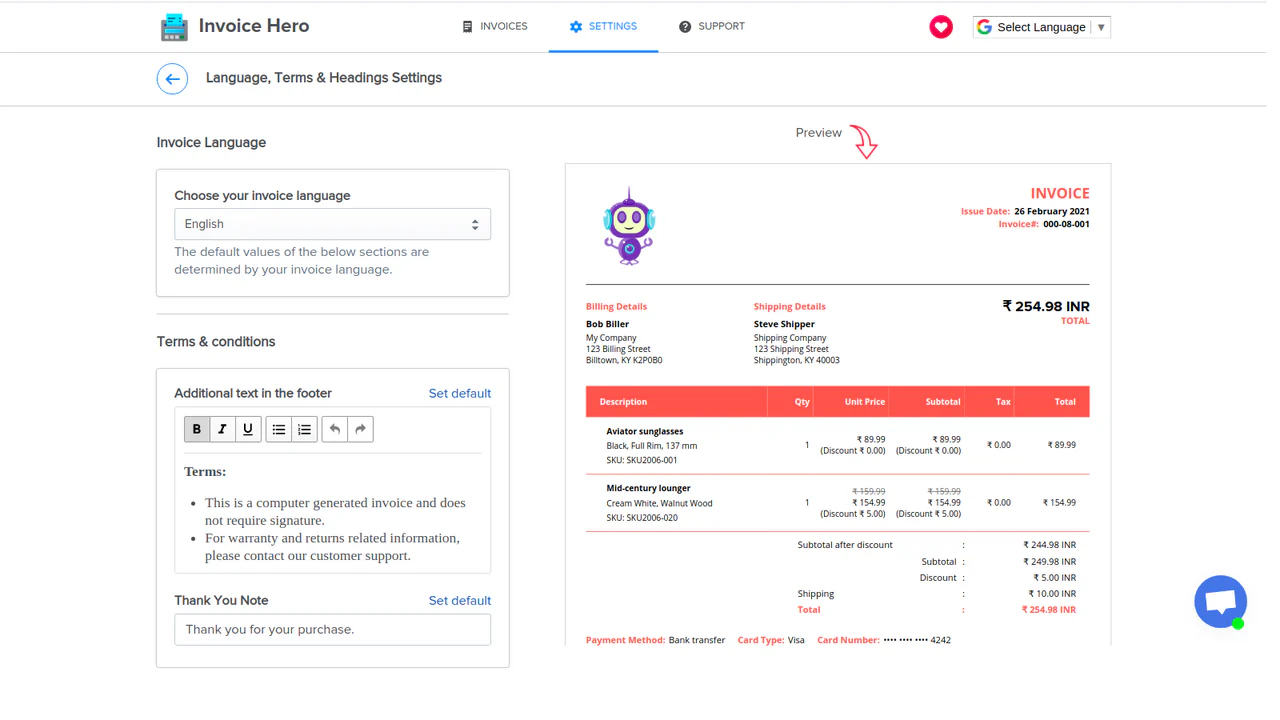 Configuración de Multi Idioma y Términos de Invoice Hero PDF