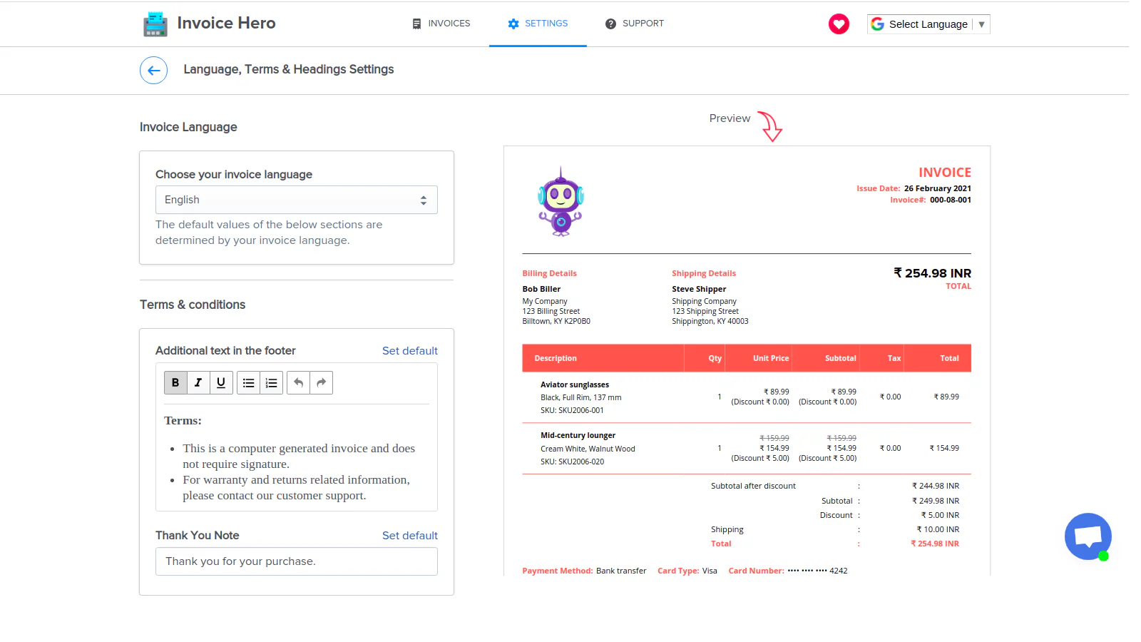 Paramètres multilingues et conditions Invoice Hero PDF