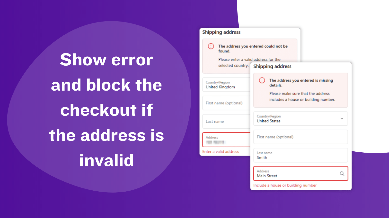 Visa fel och blockera kassan om adressen är ogiltig