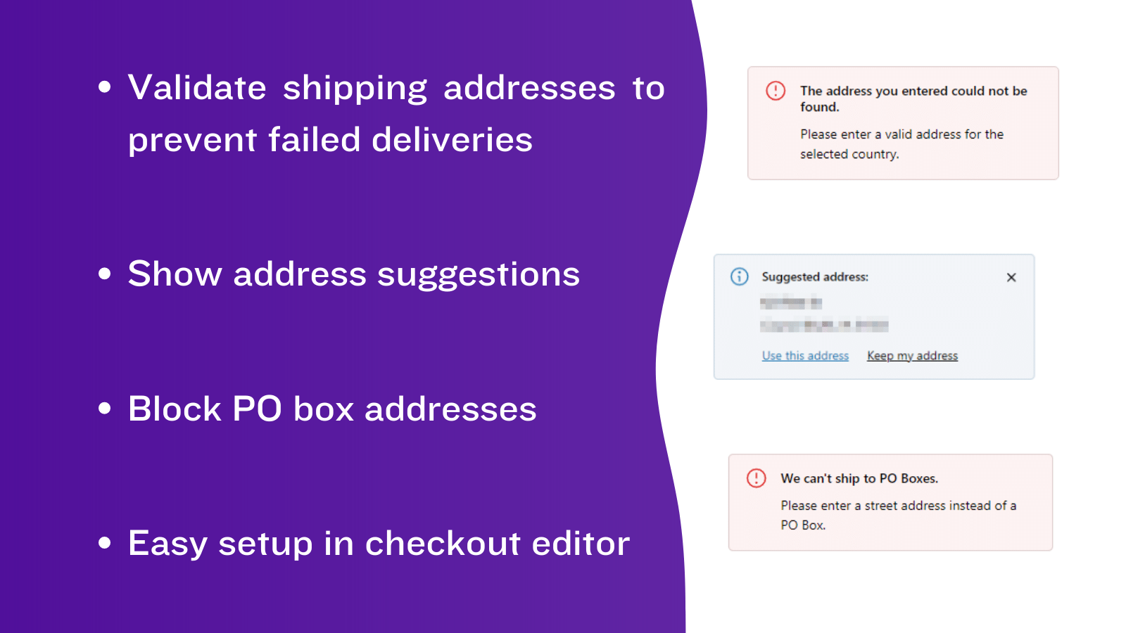Validar endereços; Mostrar sugestões; Bloquear Caixas Postais; Configuração fácil