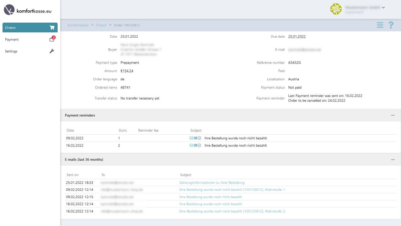 Order detail view and payment reminders