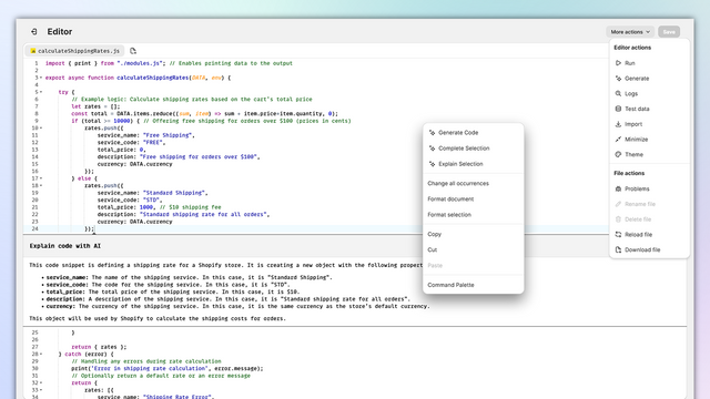 JsRates: capture d'écran de l'éditeur de code