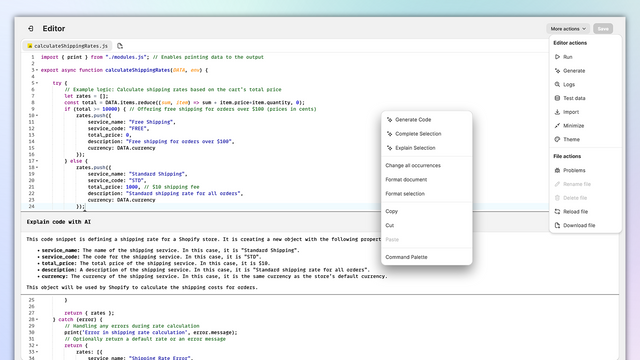 JsRates : capture d'écran de l'éditeur de code