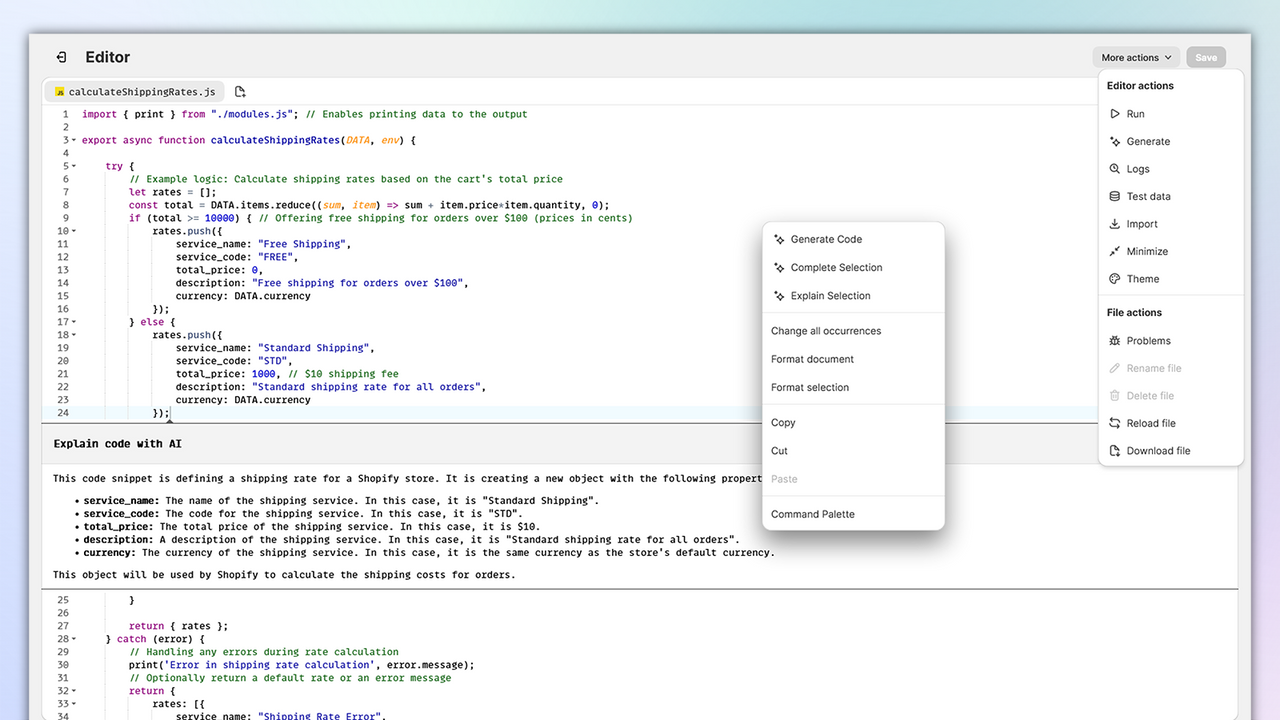 JsRates: captura de tela do editor de código