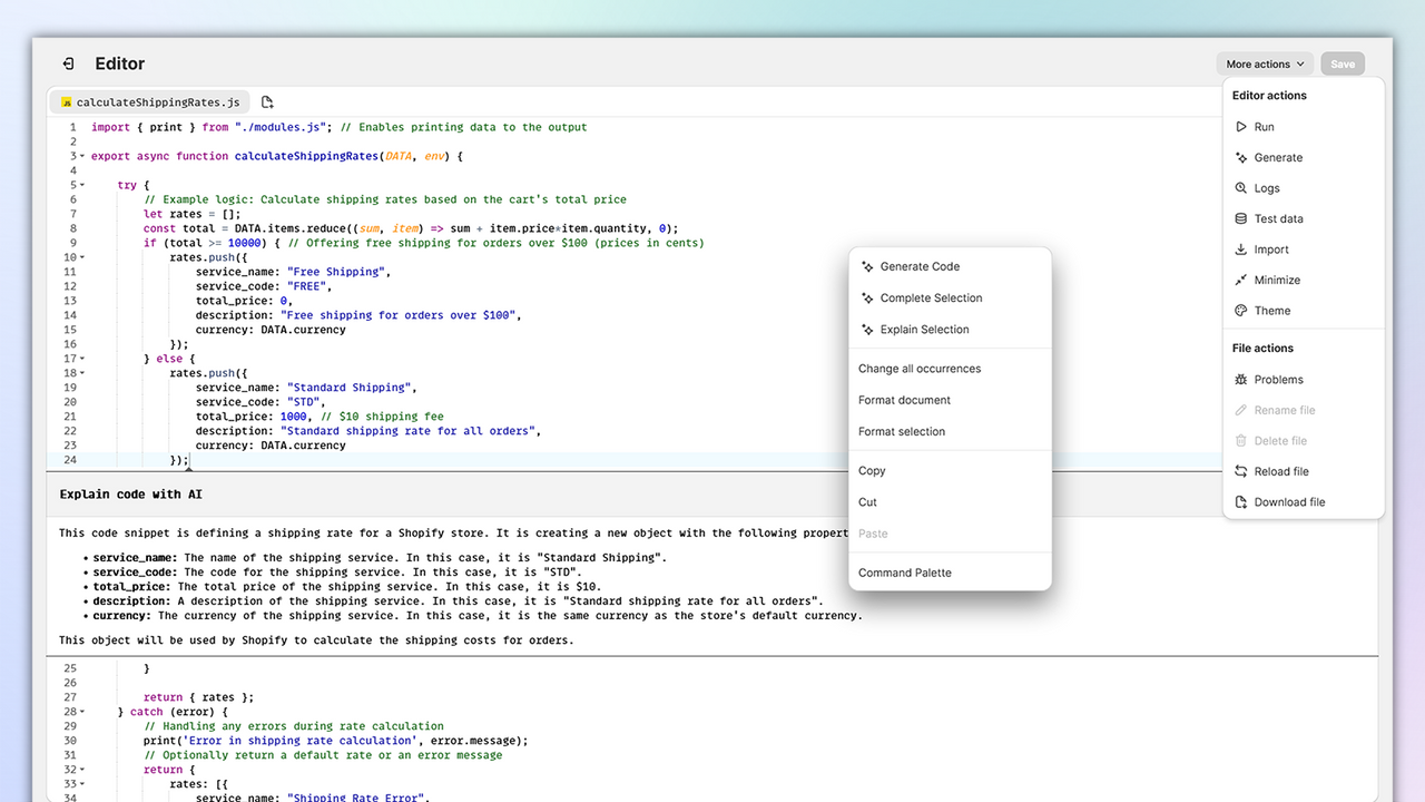 JsRates: the code editor screenshot