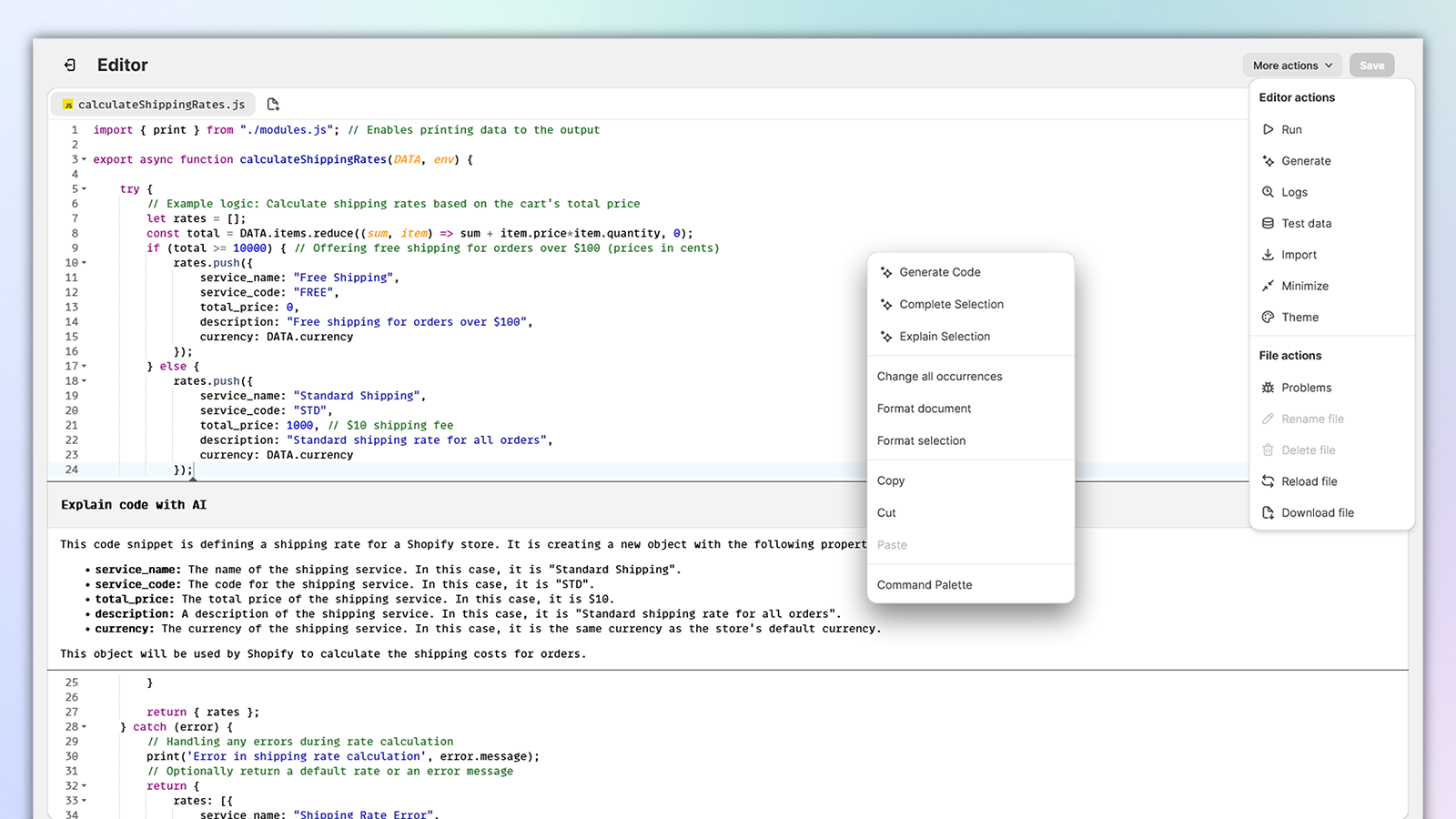 JsRates: capture d'écran de l'éditeur de code