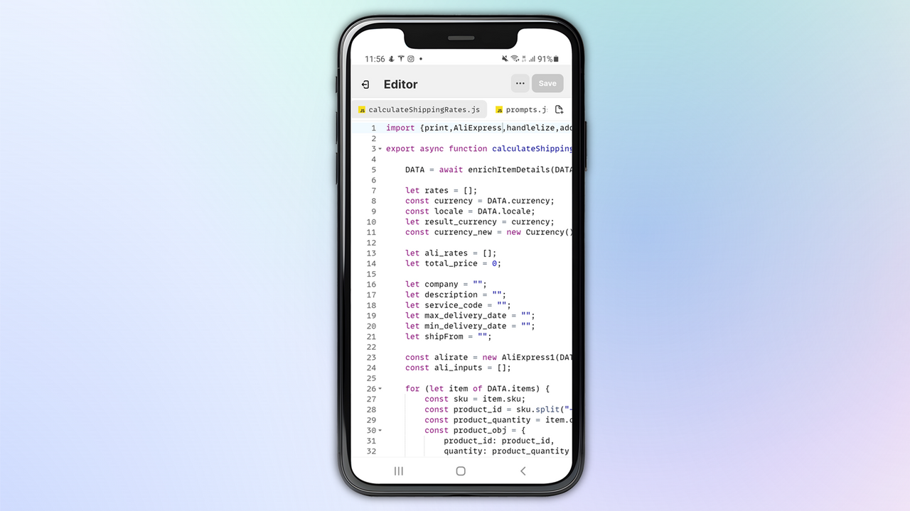 JsRates: capture d'écran mobile de l'éditeur de code