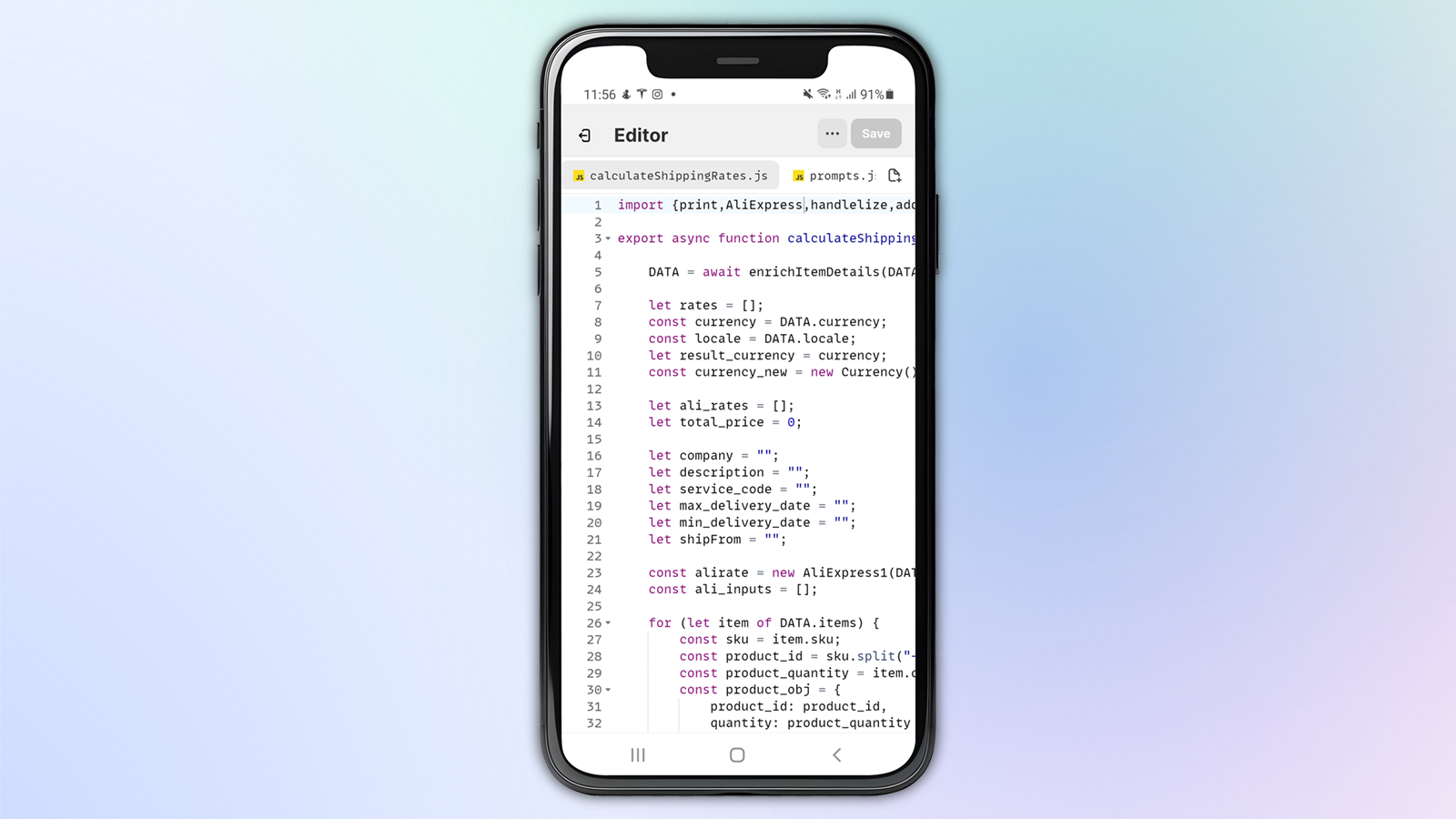 JsRates: captura de pantalla móvil del editor de código