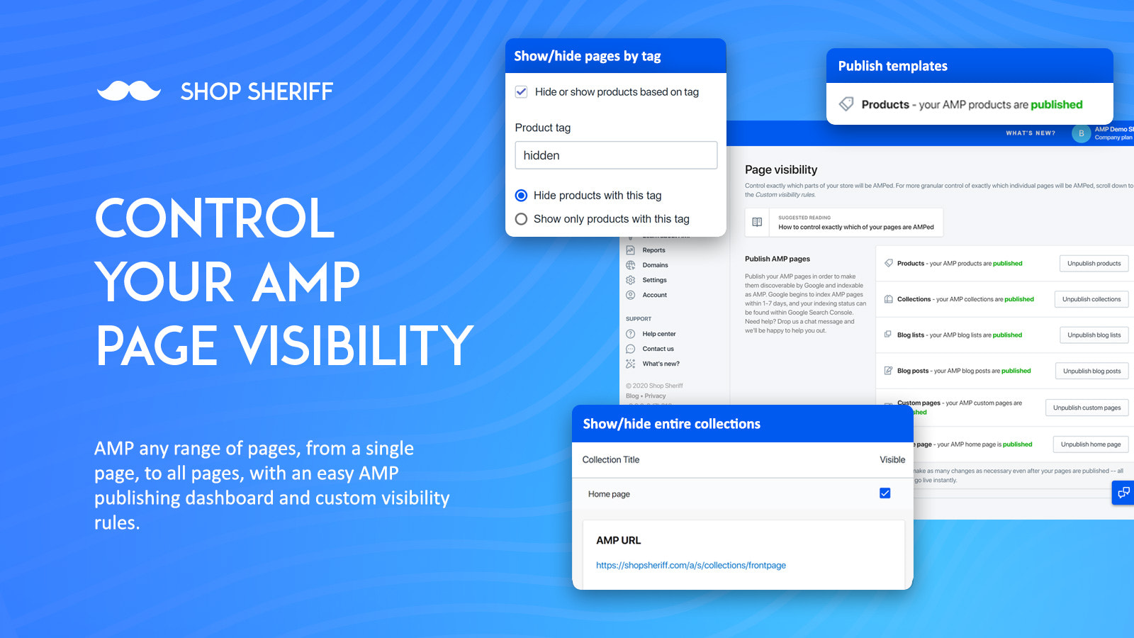 AMP Control page visibility, hide/show products, collections etc