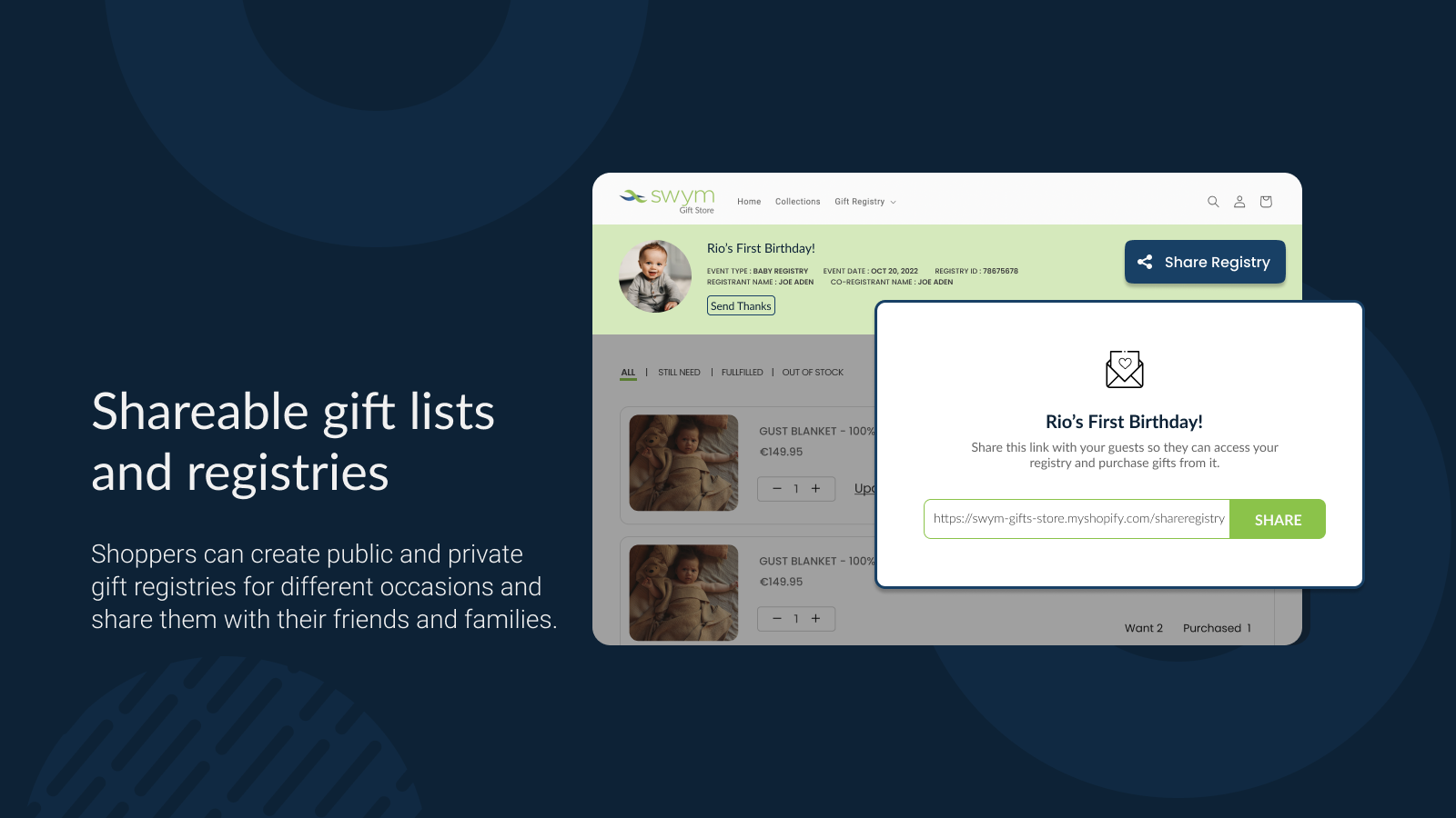 Swym Gift Lists and Registries Screenshot