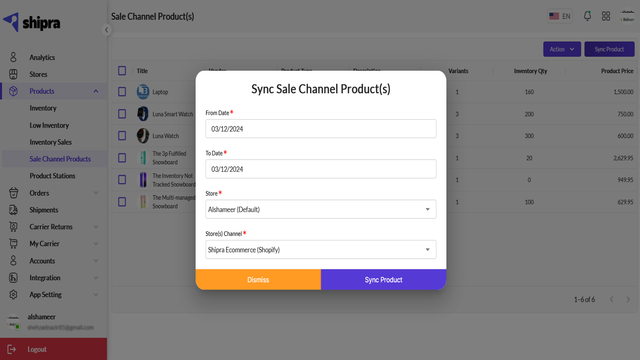 Panel de Control de Productos de Canales de Venta de Shipra desde Shopify