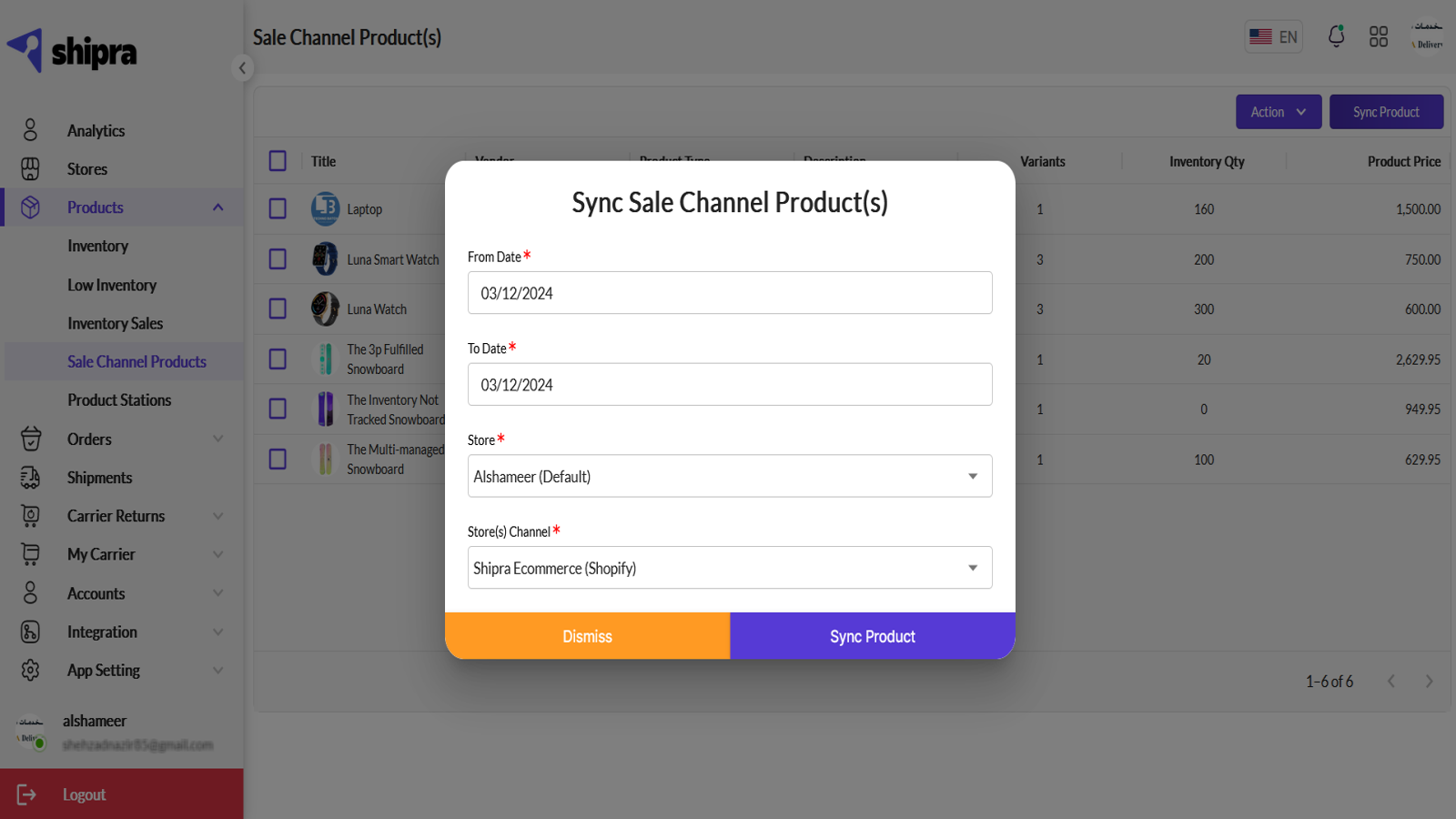 Painel de Busca de Produtos do Canal de Vendas Shipra a partir do Shopify